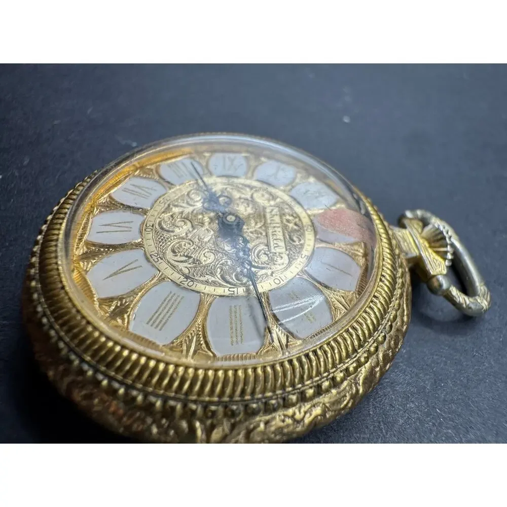 Vintage Sheffield Gold Tone Swiss Made White Dial Pendant Pocket Watch 1 Jewel